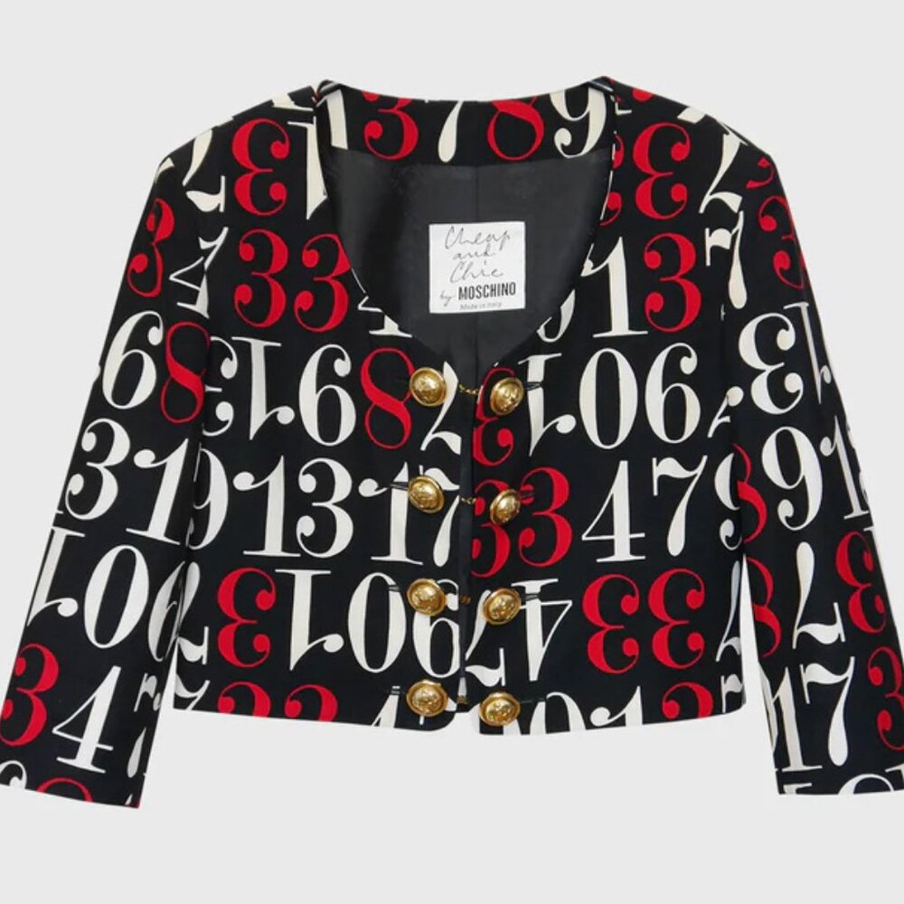 MOSCHINO COUTURE NUMBERS CROP JACKET BLACK RED WHITE USA 6 IT40 VINTAGE CHAIN